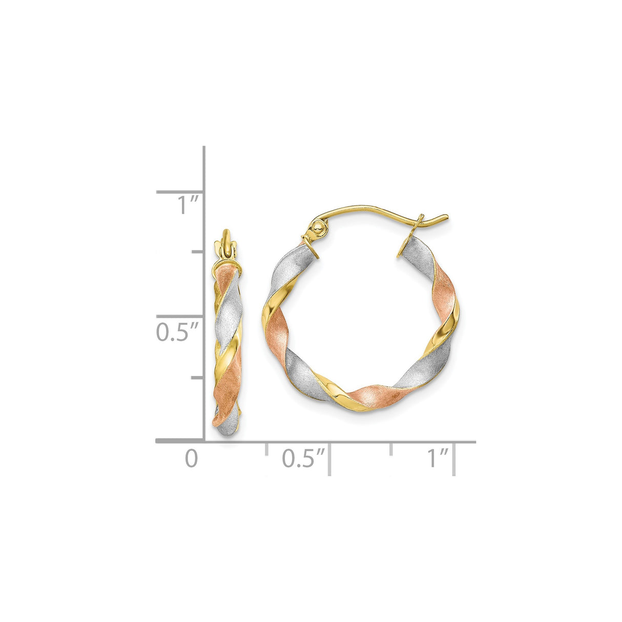 10k Yellow Gold Twist Hoop Earrings, Tri-Color Braided Design with Rhodium and Rose Accents