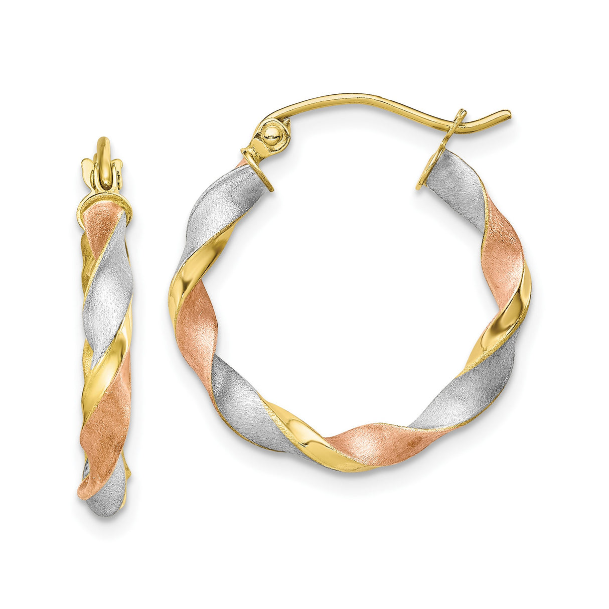 10k Yellow Gold Twist Hoop Earrings, Tri-Color Braided Design with Rhodium and Rose Accents