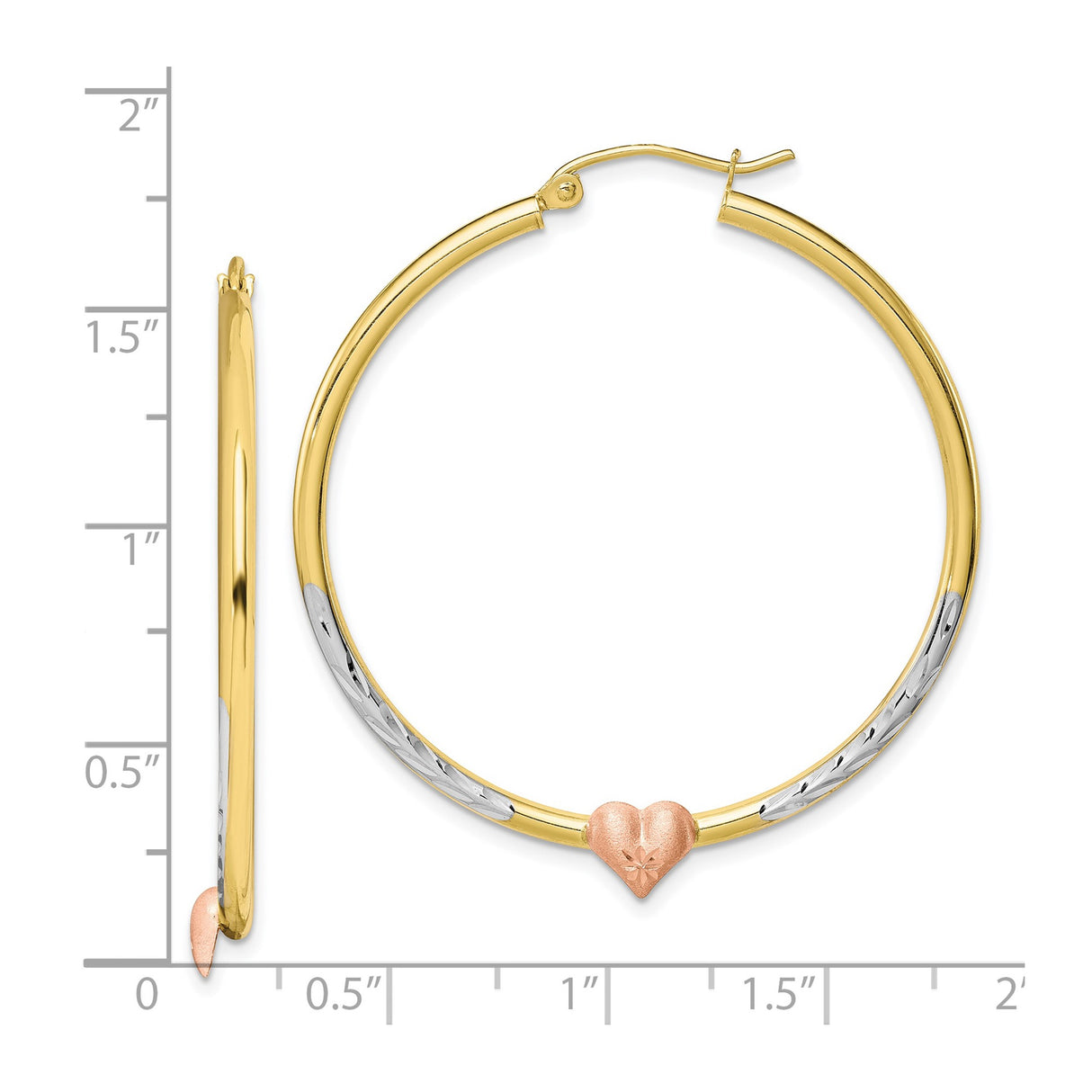 10k Yellow Gold Hoop Earrings with Rose Gold Heart and Floral Engraving, Two-Tone Design
