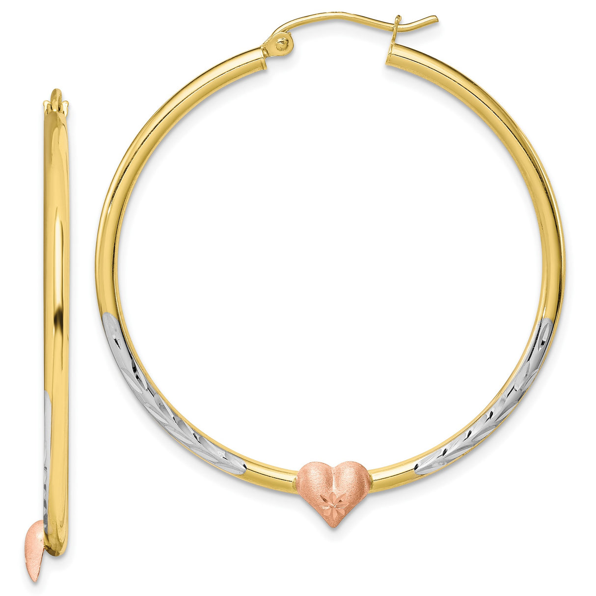10k Yellow Gold Hoop Earrings with Rose Gold Heart and Floral Engraving, Two-Tone Design