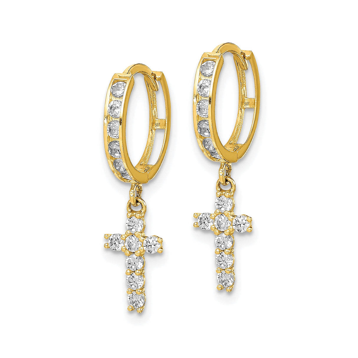 10k Yellow Gold Hoop Earrings with Cross Charm and Round White Stone Accents