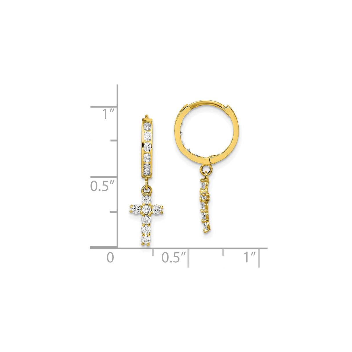 10k Yellow Gold Hoop Earrings with Cross Charm and Round White Stone Accents