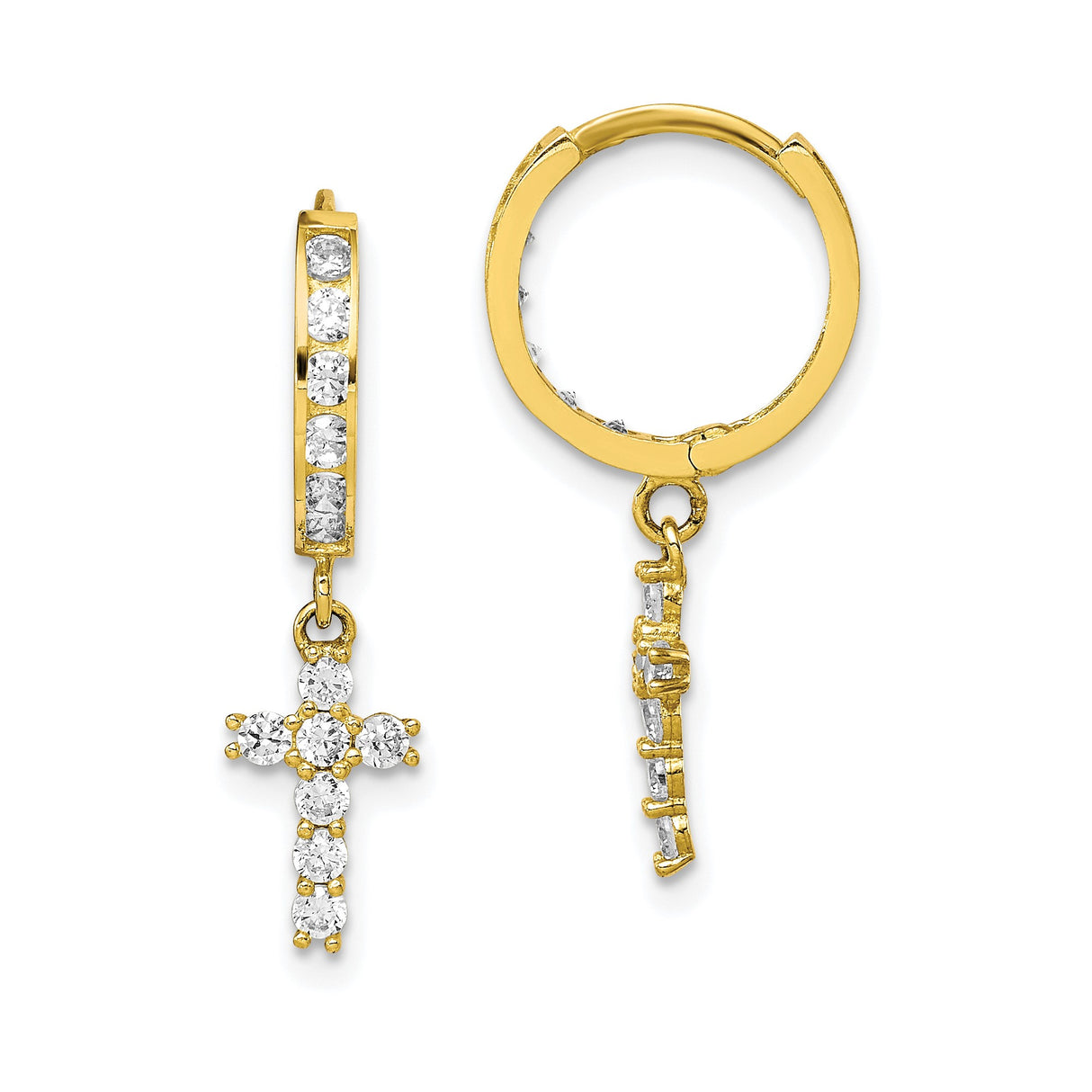 10k Yellow Gold Hoop Earrings with Cross Charm and Round White Stone Accents