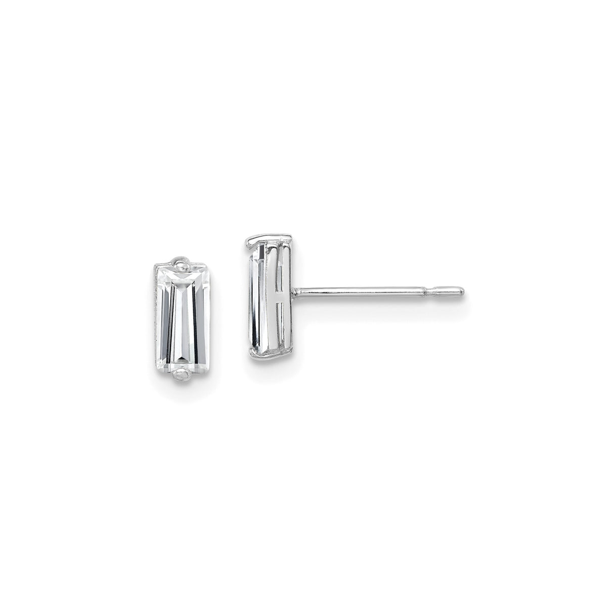 10k White Gold Stud Earrings with Baguette Crystal, Minimalist Bar Design for Women