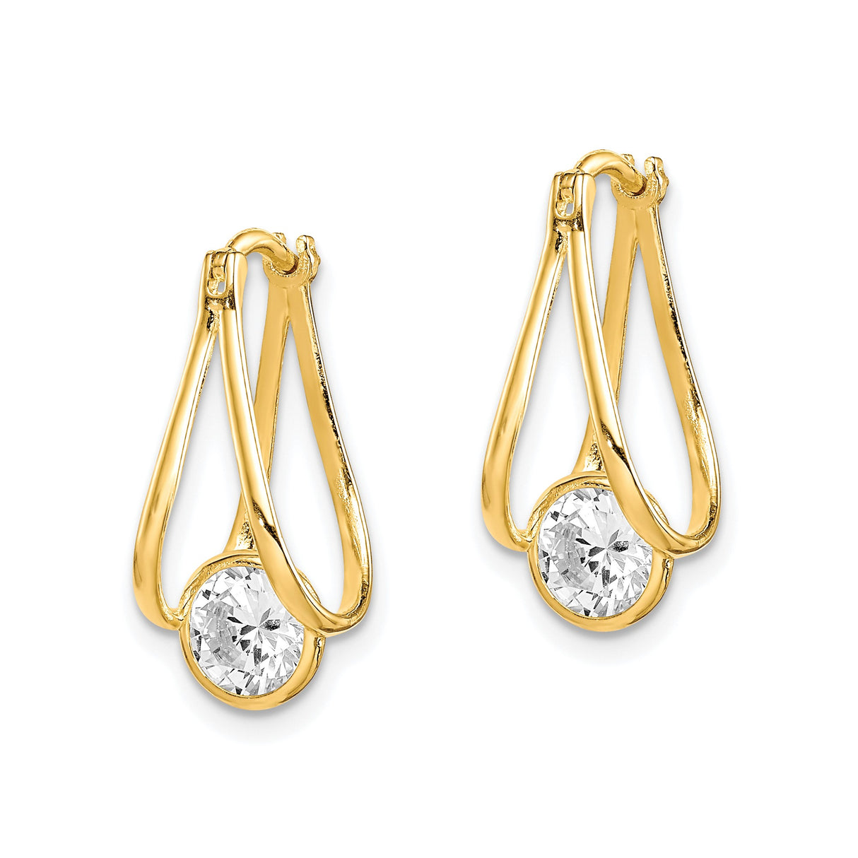 10k Yellow Gold Drop Earrings with Round Cut Clear Gemstone, Modern Teardrop Design