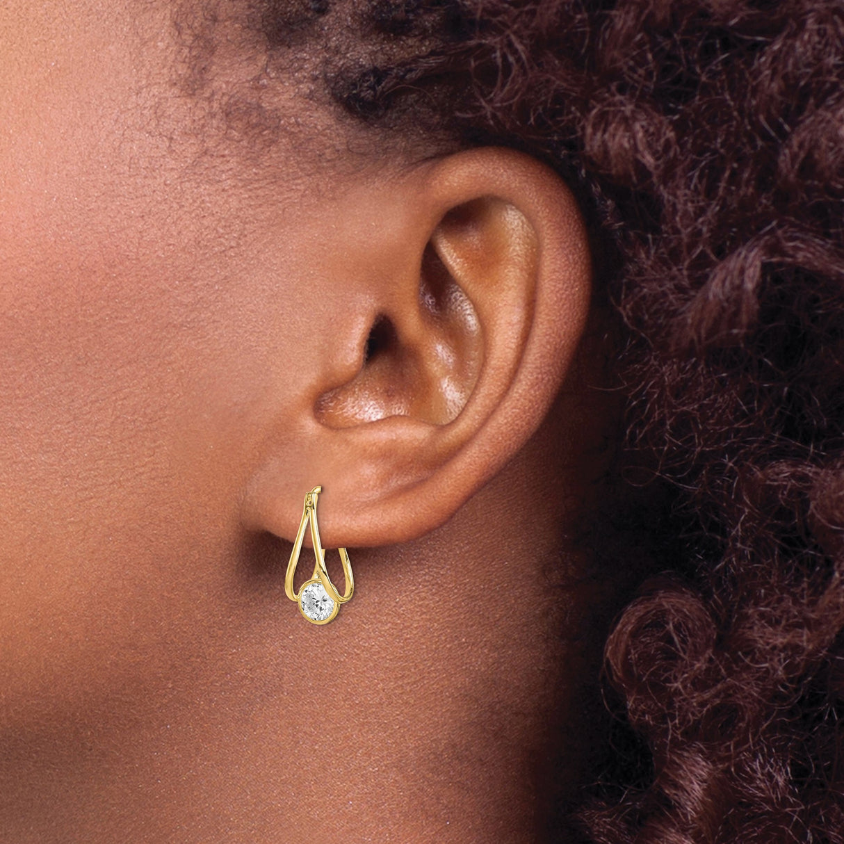 10k Yellow Gold Drop Earrings with Round Cut Clear Gemstone, Modern Teardrop Design