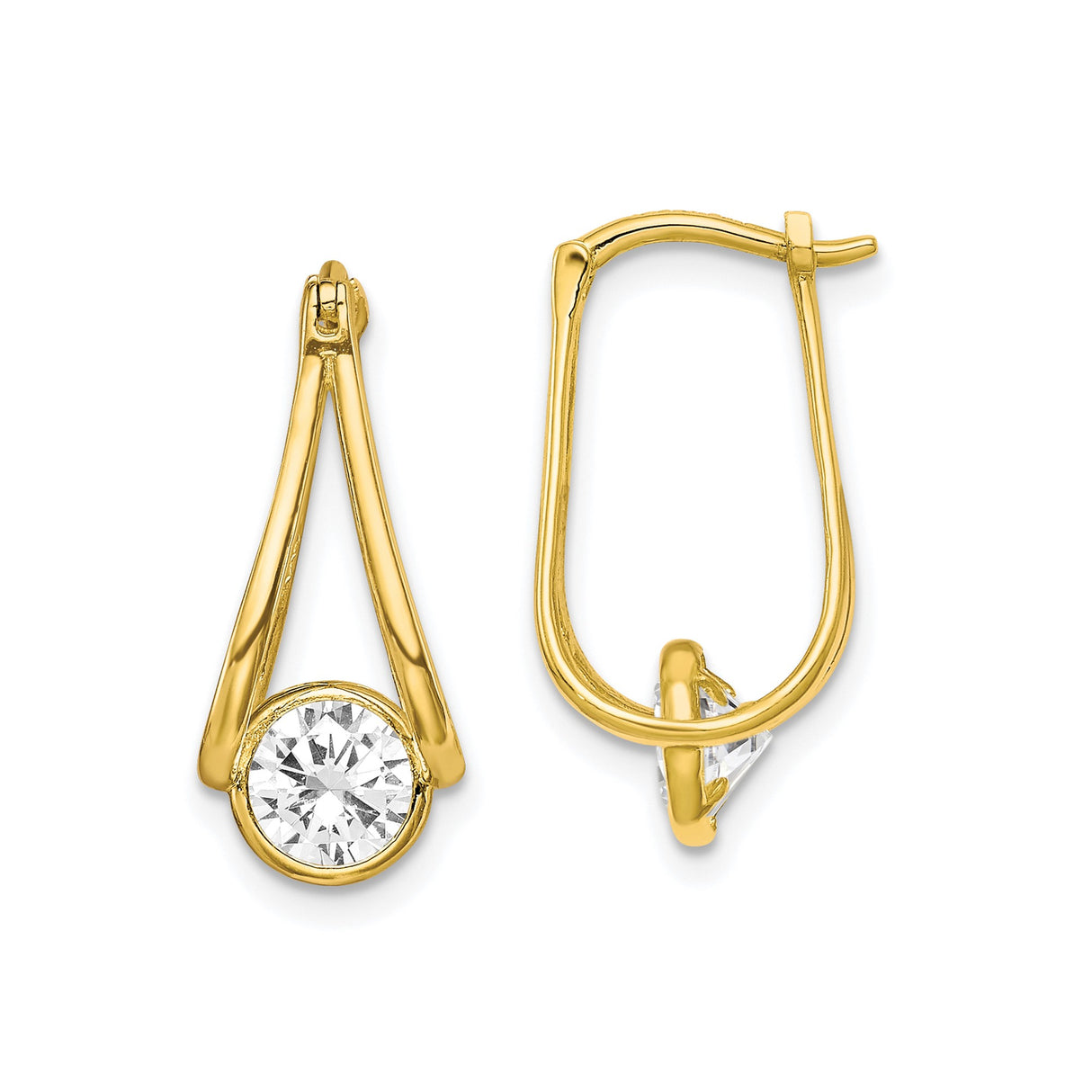 10k Yellow Gold Drop Earrings with Round Cut Clear Gemstone, Modern Teardrop Design
