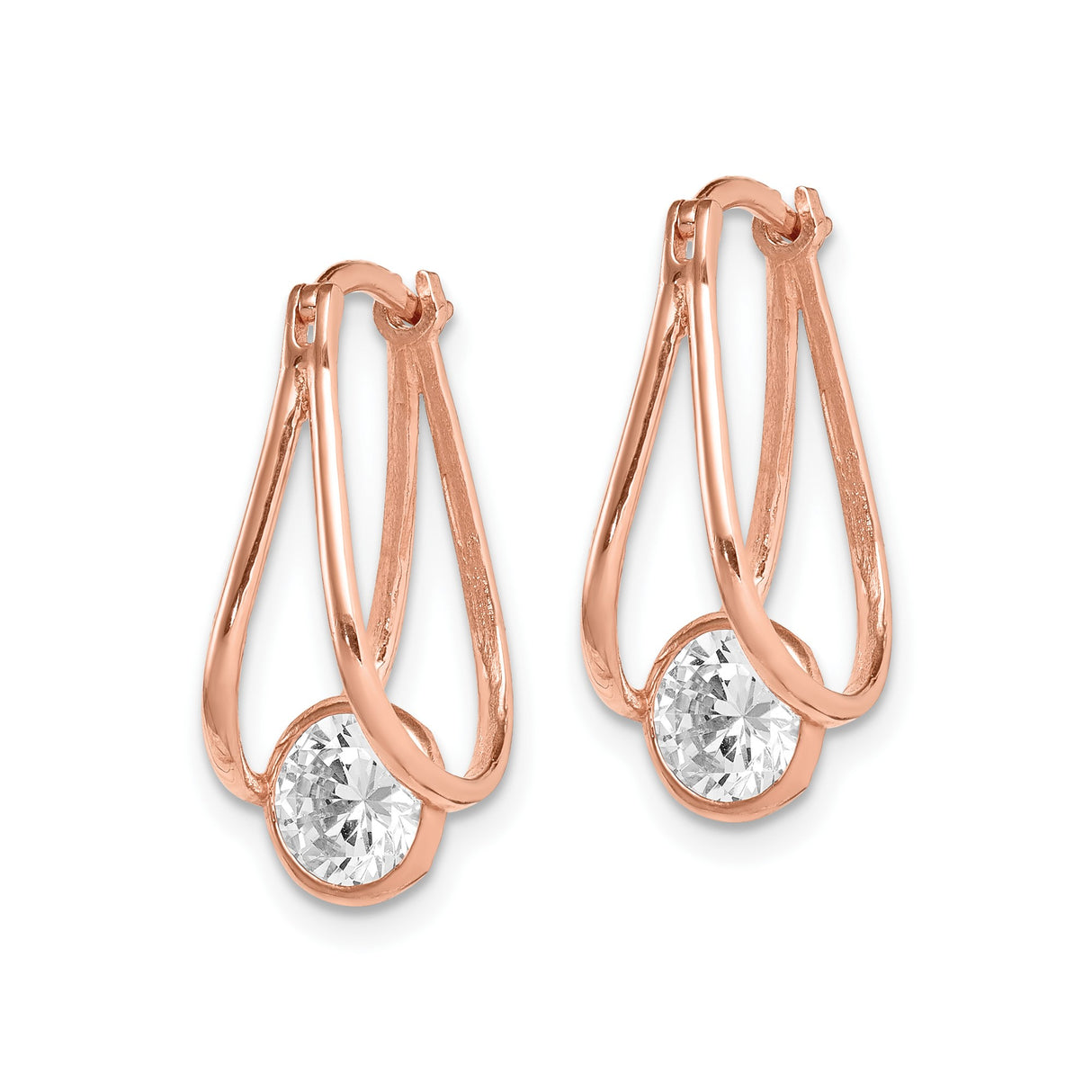 10k Rose Gold Dangle Earrings with Open Teardrop Design and Clear Round Cut Gemstone