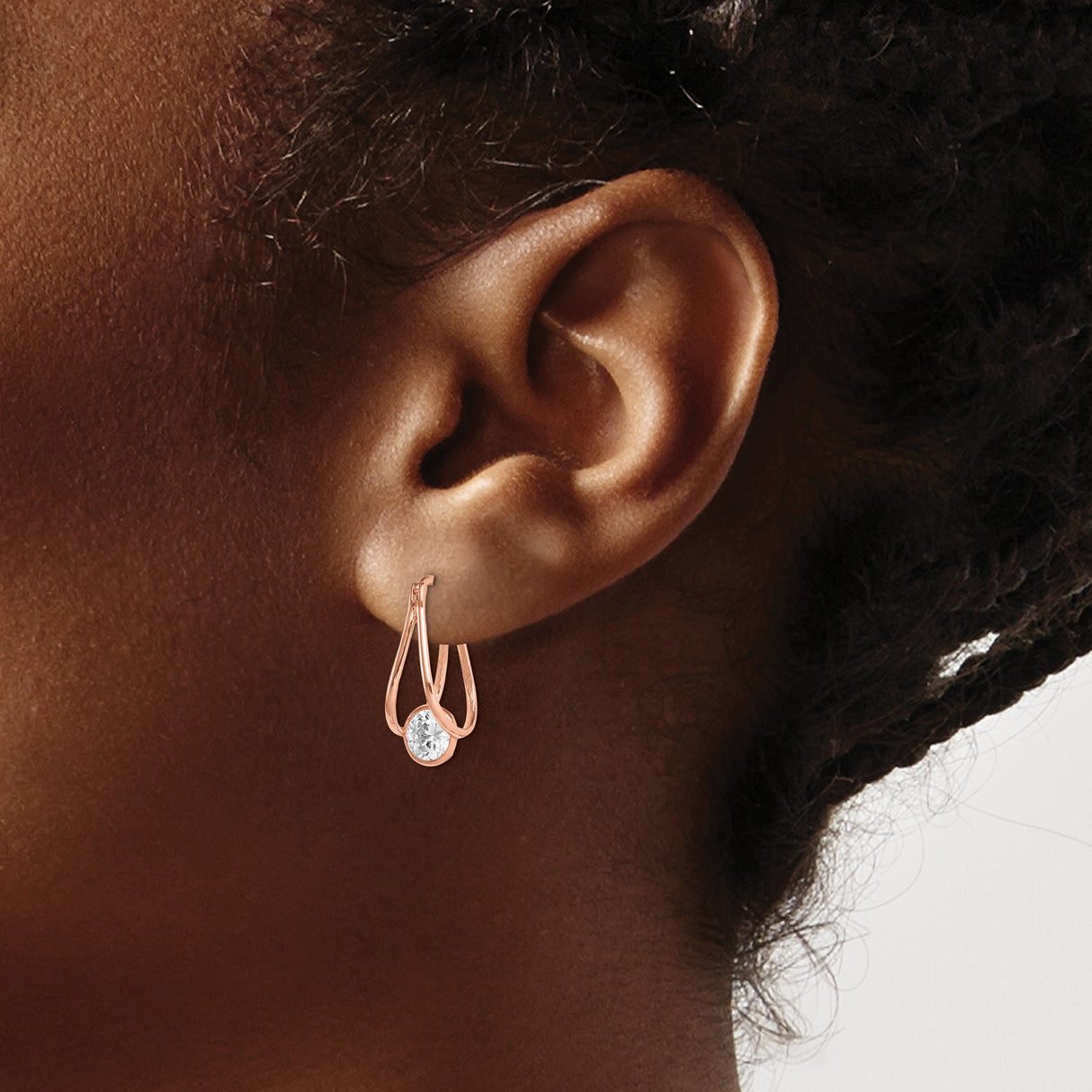 10k Rose Gold Dangle Earrings with Open Teardrop Design and Clear Round Cut Gemstone