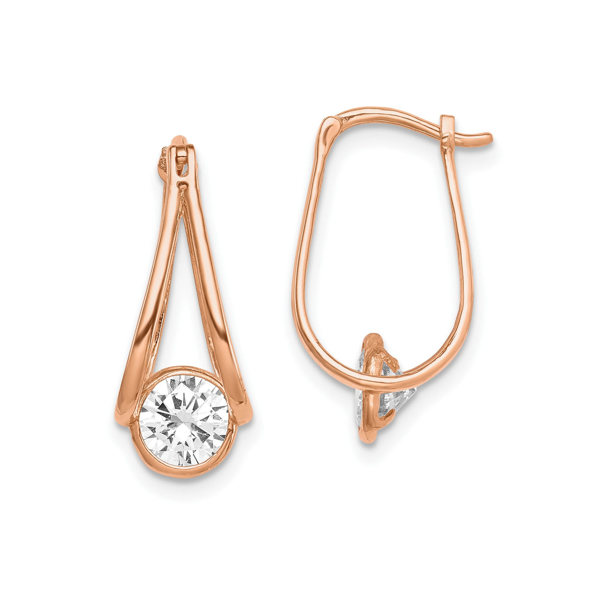 10k Rose Gold Dangle Earrings with Open Teardrop Design and Clear Round Cut Gemstone