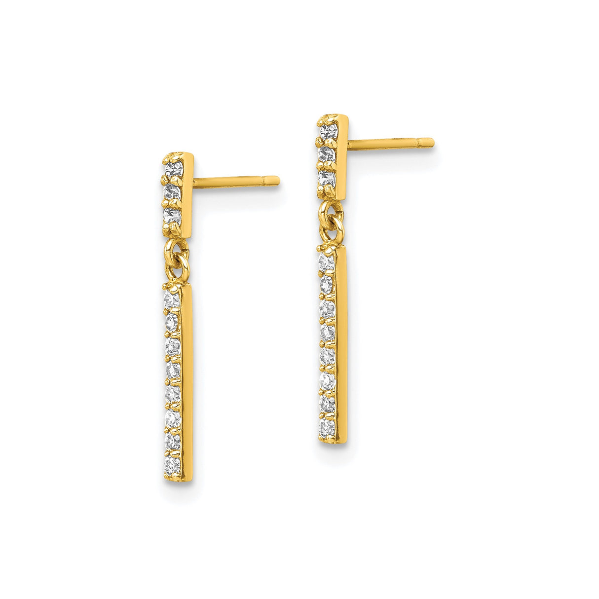 10k Yellow Gold Drop Bar Earrings with Vertical Round Accents, Modern Minimalist Dangle Design