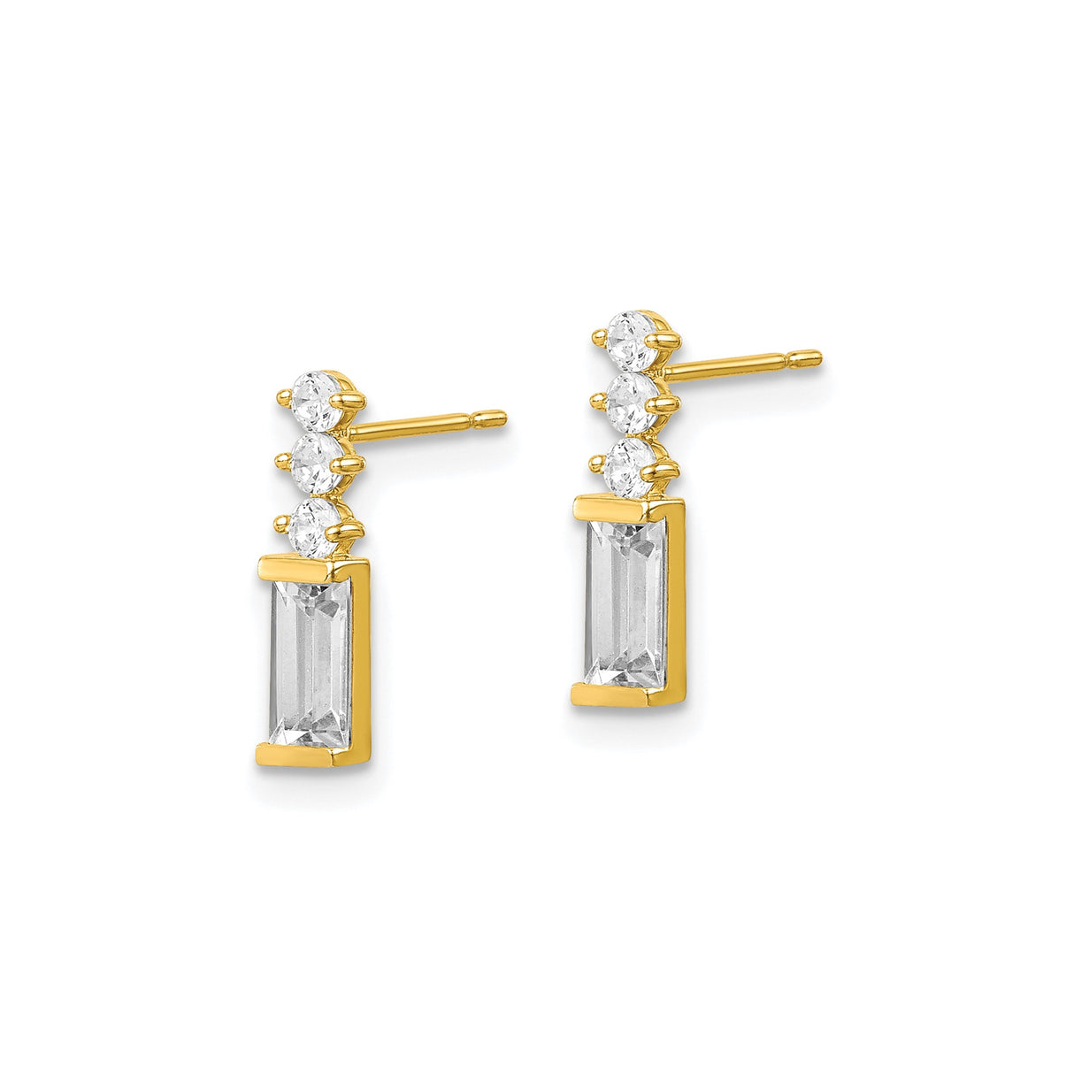 10k Yellow Gold Stud Earrings with Baguette and Round Cubic Zirconia, Vertical Drop Design