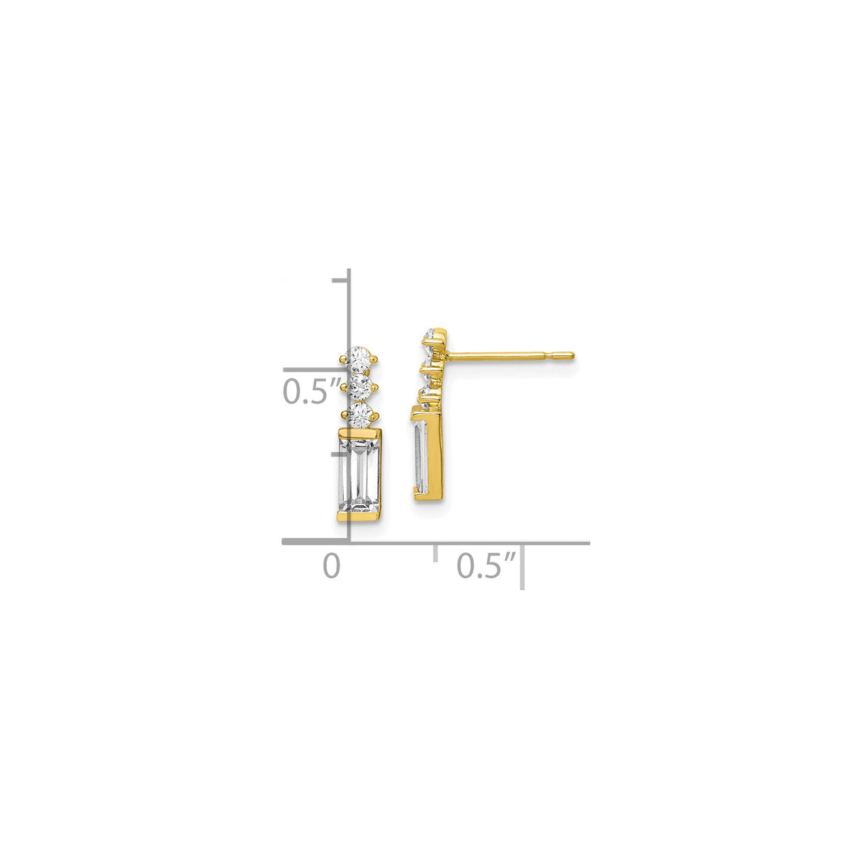 10k Yellow Gold Stud Earrings with Baguette and Round Cubic Zirconia, Vertical Drop Design