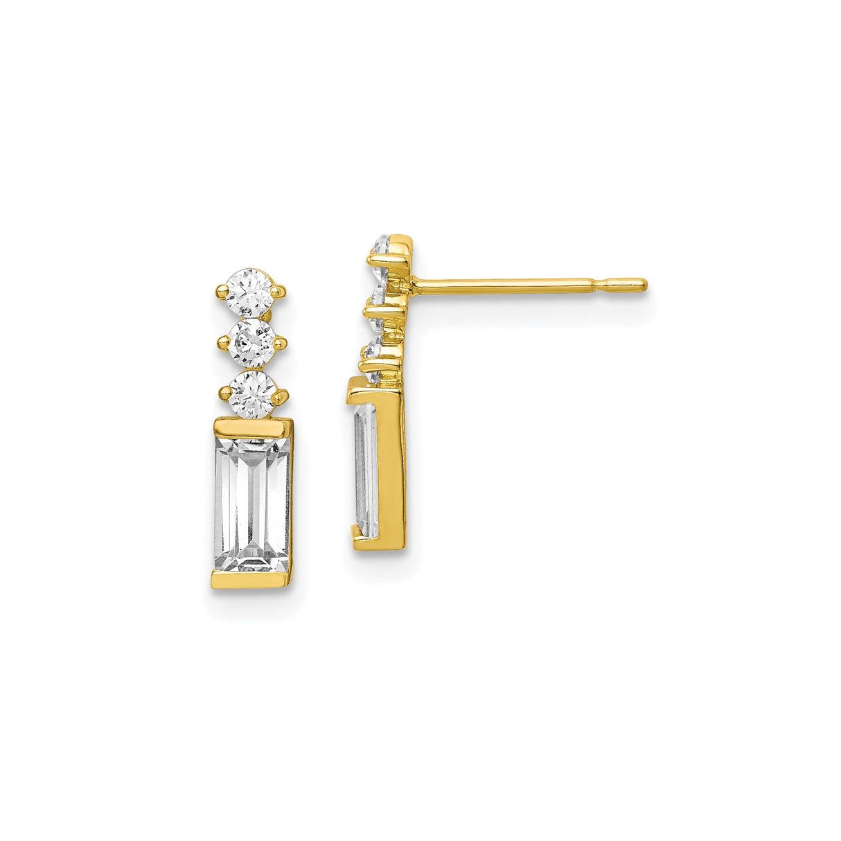 10k Yellow Gold Stud Earrings with Baguette and Round Cubic Zirconia, Vertical Drop Design