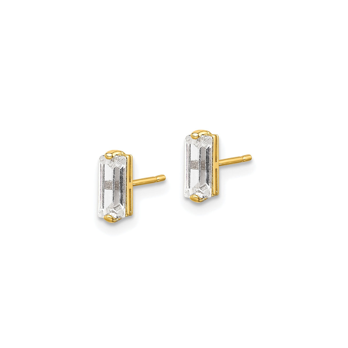 10k Yellow Gold Stud Earrings with Baguette Cut Cubic Zirconia, Minimalist Modern Style for Women