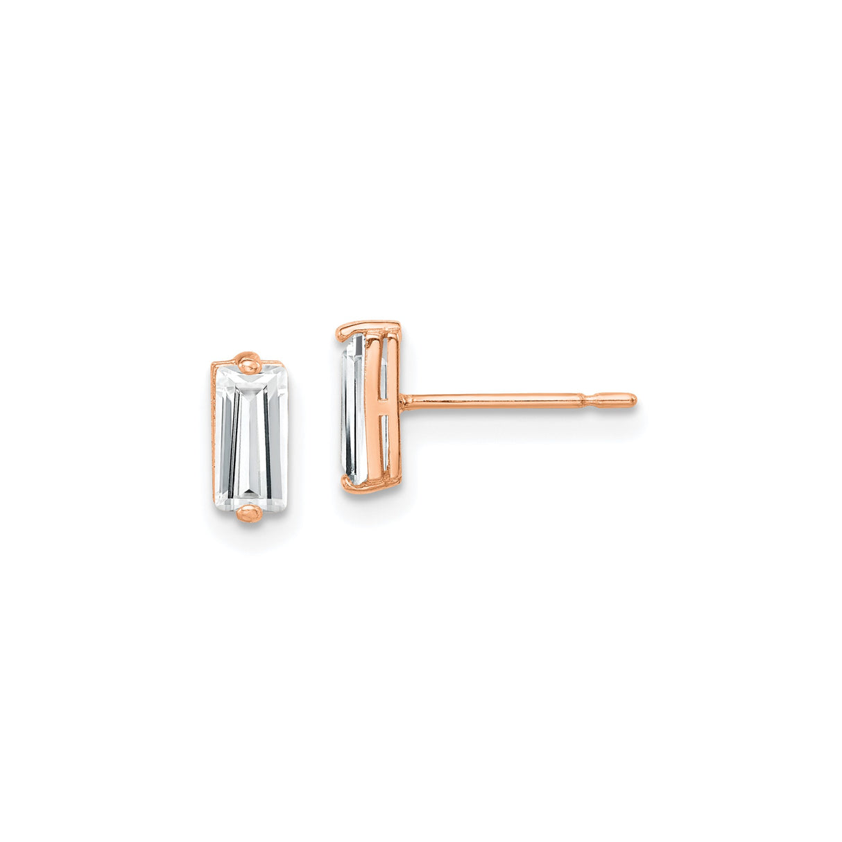 10k Rose Gold Stud Earrings with Clear Baguette Gemstones in Bezel Setting