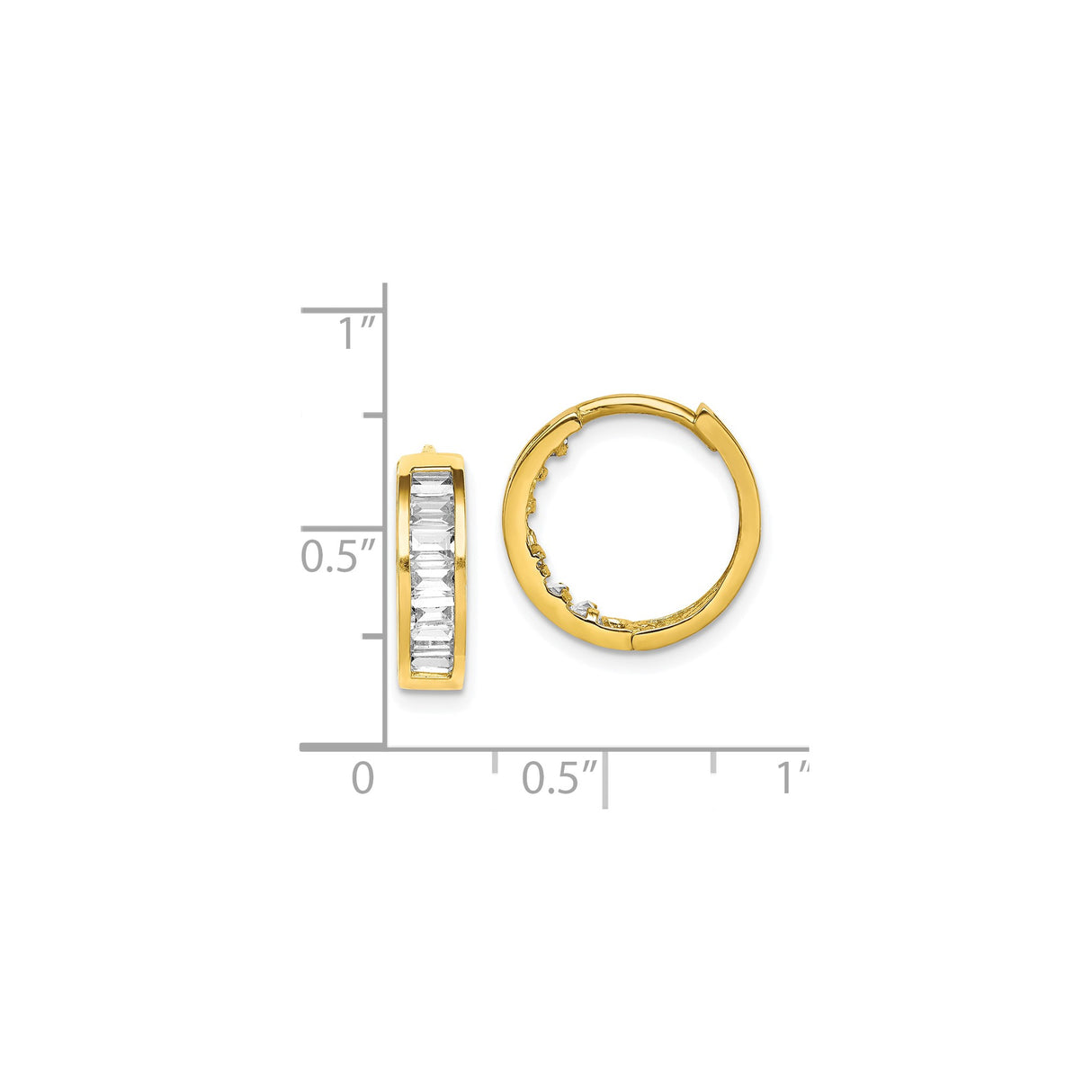 10k Yellow Gold Huggie Earrings with Channel Set Baguette Cut Clear Stones, Polished Finish