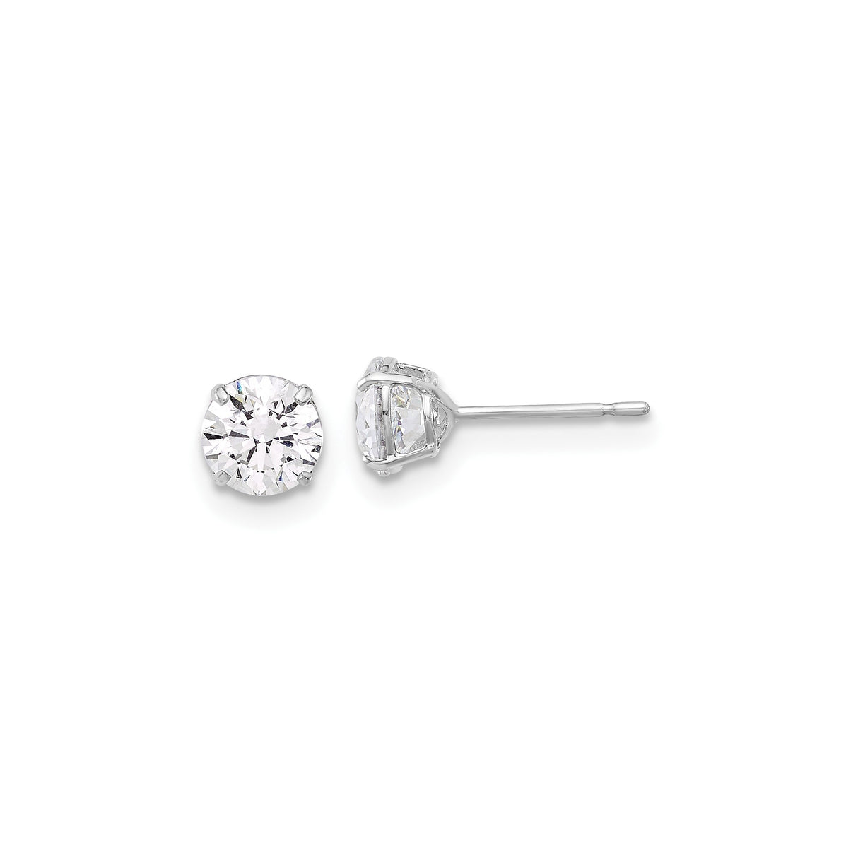 10k White Gold Stud Earrings with Round-Cut Clear Gemstones, Four Prong Solitaire Design