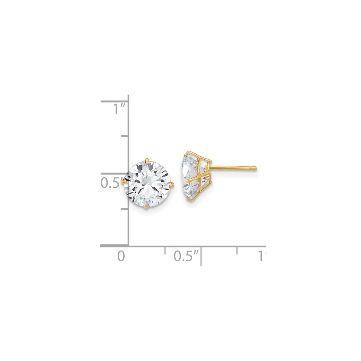 10k Yellow Gold Stud Earrings with 8mm Cubic Zirconia, Round Solitaire, Four Prong Setting