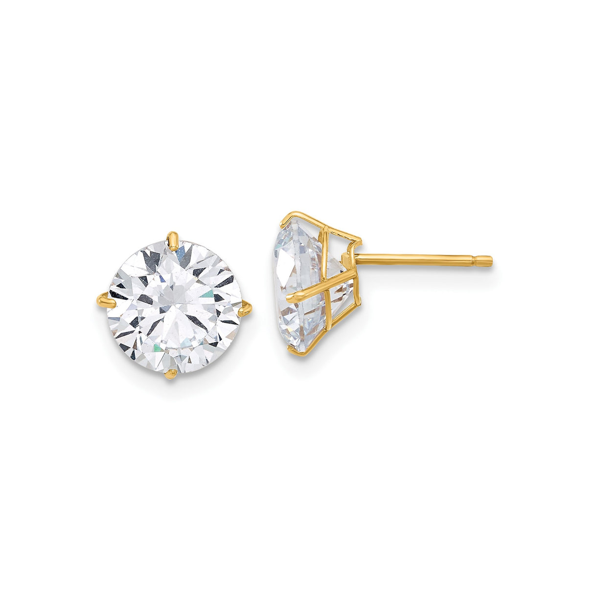 10k Yellow Gold Stud Earrings with 8mm Cubic Zirconia, Round Solitaire, Four Prong Setting