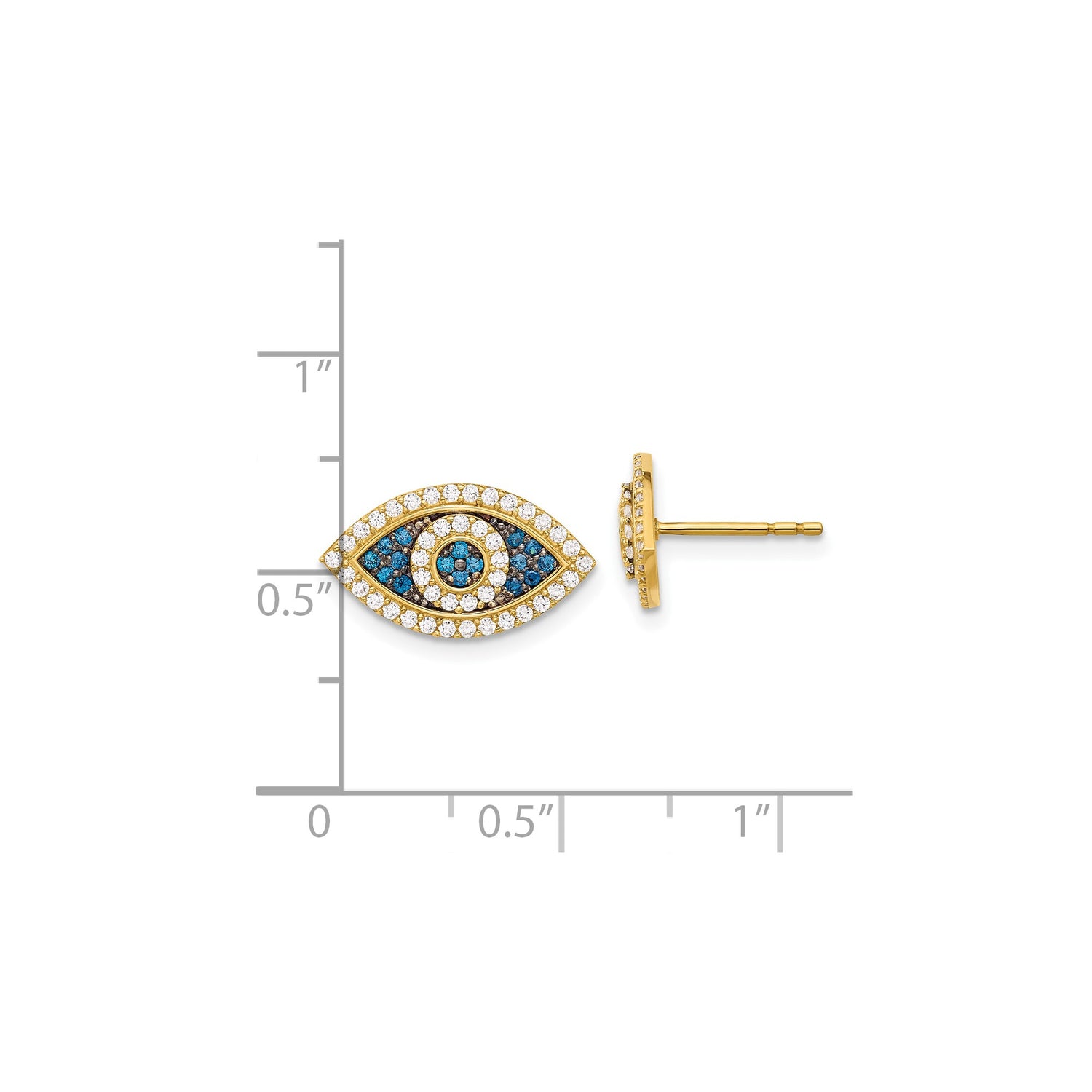 10k Yellow Gold Evil Eye Stud Earrings with Pavé Blue and White Stones, Mediterranean Style Jewelry