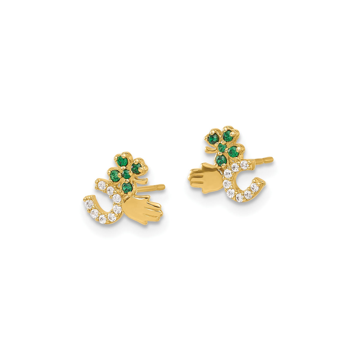 10k Yellow Gold Stud Earrings with Shamrock, Horseshoe, and Hand Symbols, Cubic Zirconia Accents