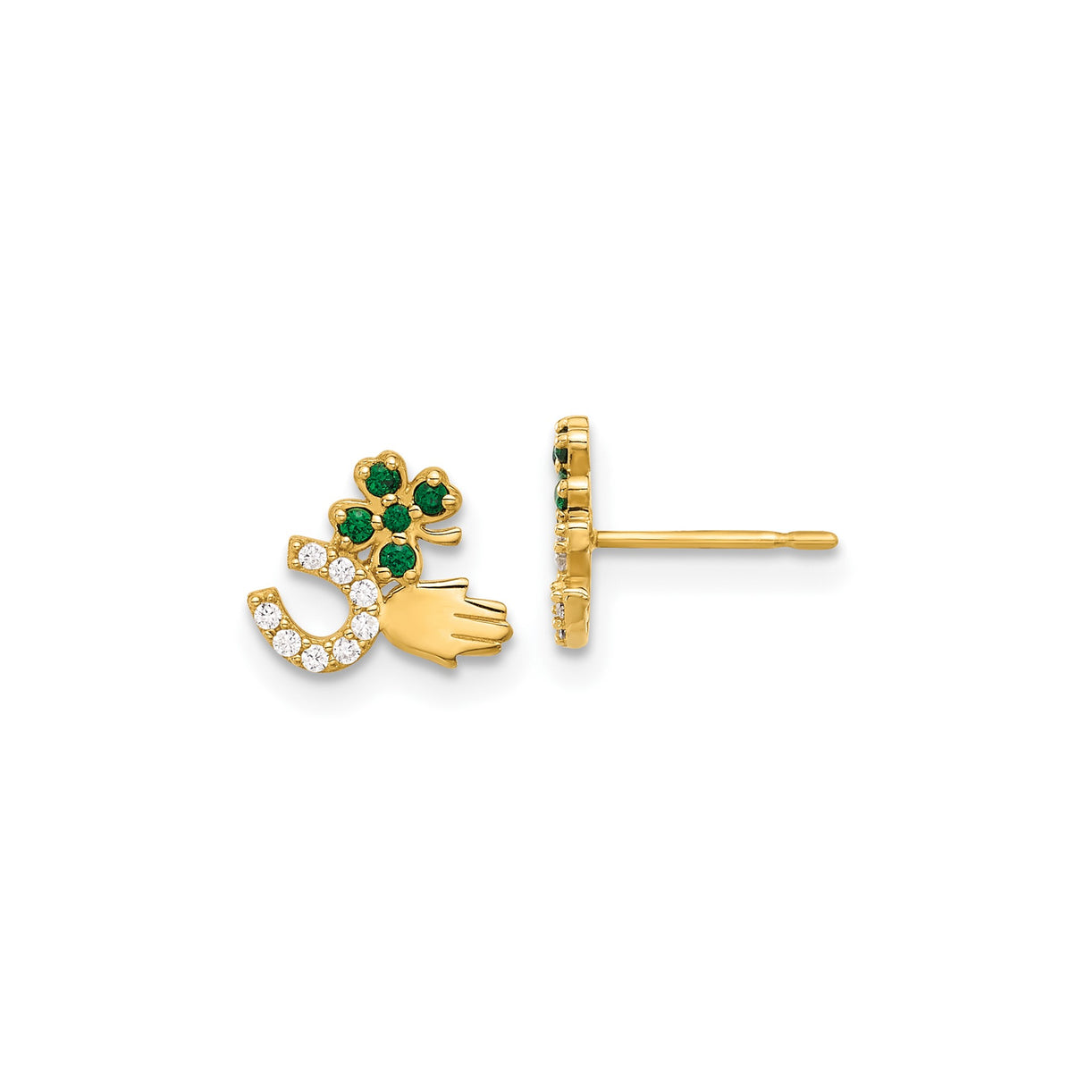 10k Yellow Gold Stud Earrings with Shamrock, Horseshoe, and Hand Symbols, Cubic Zirconia Accents