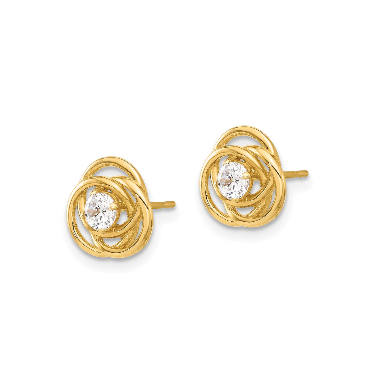 10k Yellow Gold Stud Earrings with Round Cubic Zirconia and Open Knot Design