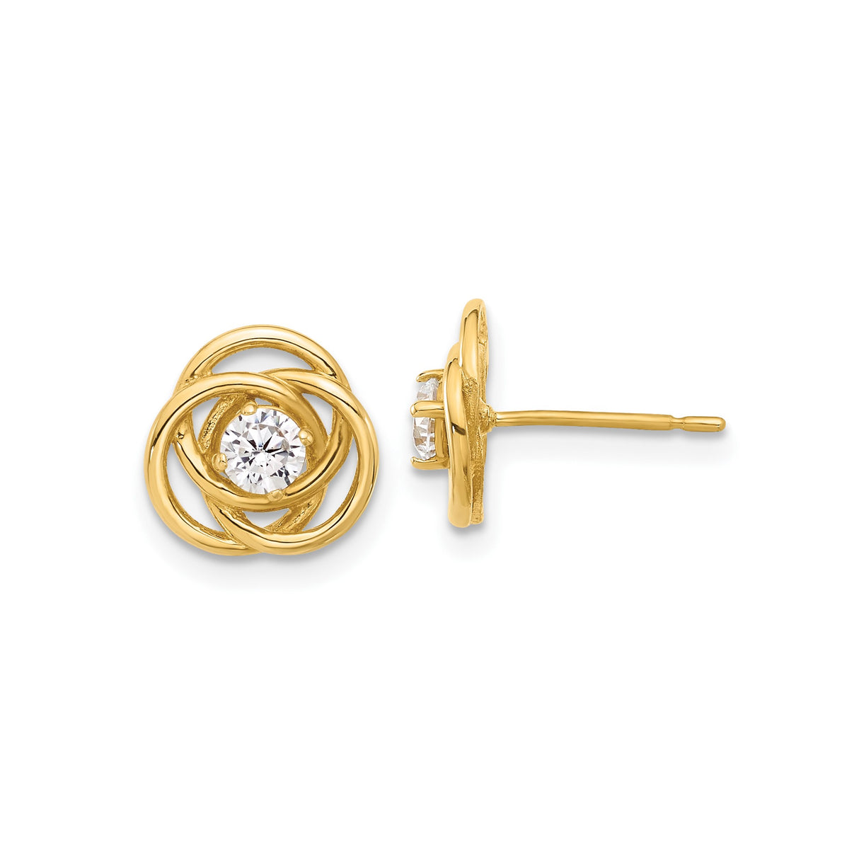 10k Yellow Gold Stud Earrings with Round Cubic Zirconia and Open Knot Design