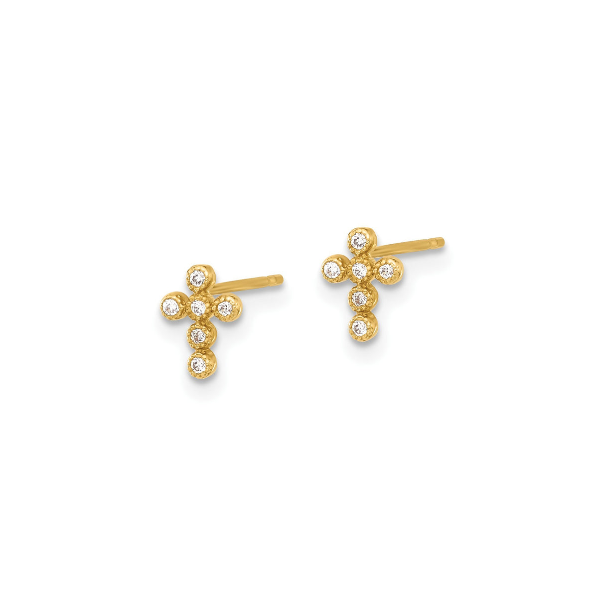 10k Yellow Gold Cross Earrings with Bezel Set Cubic Zirconia, Polished Religious Charm Design