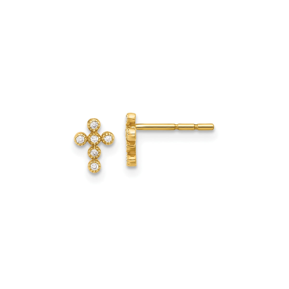 10k Yellow Gold Cross Earrings with Bezel Set Cubic Zirconia, Polished Religious Charm Design