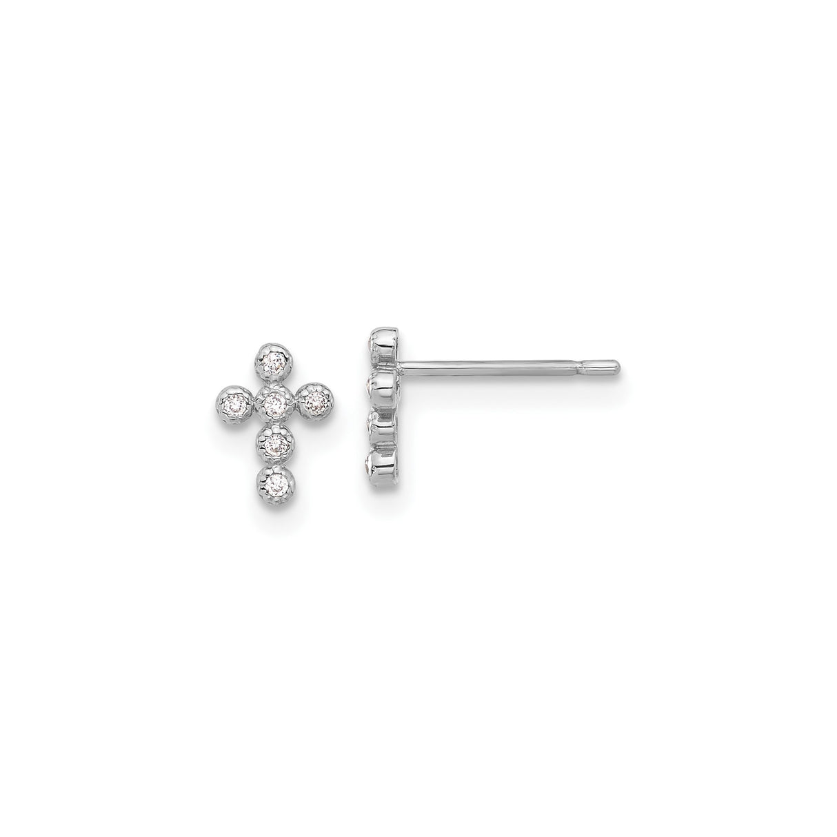 10k White Gold Cross Stud Earrings with Cubic Zirconia, Bezel Set, Minimalist Faith Jewelry