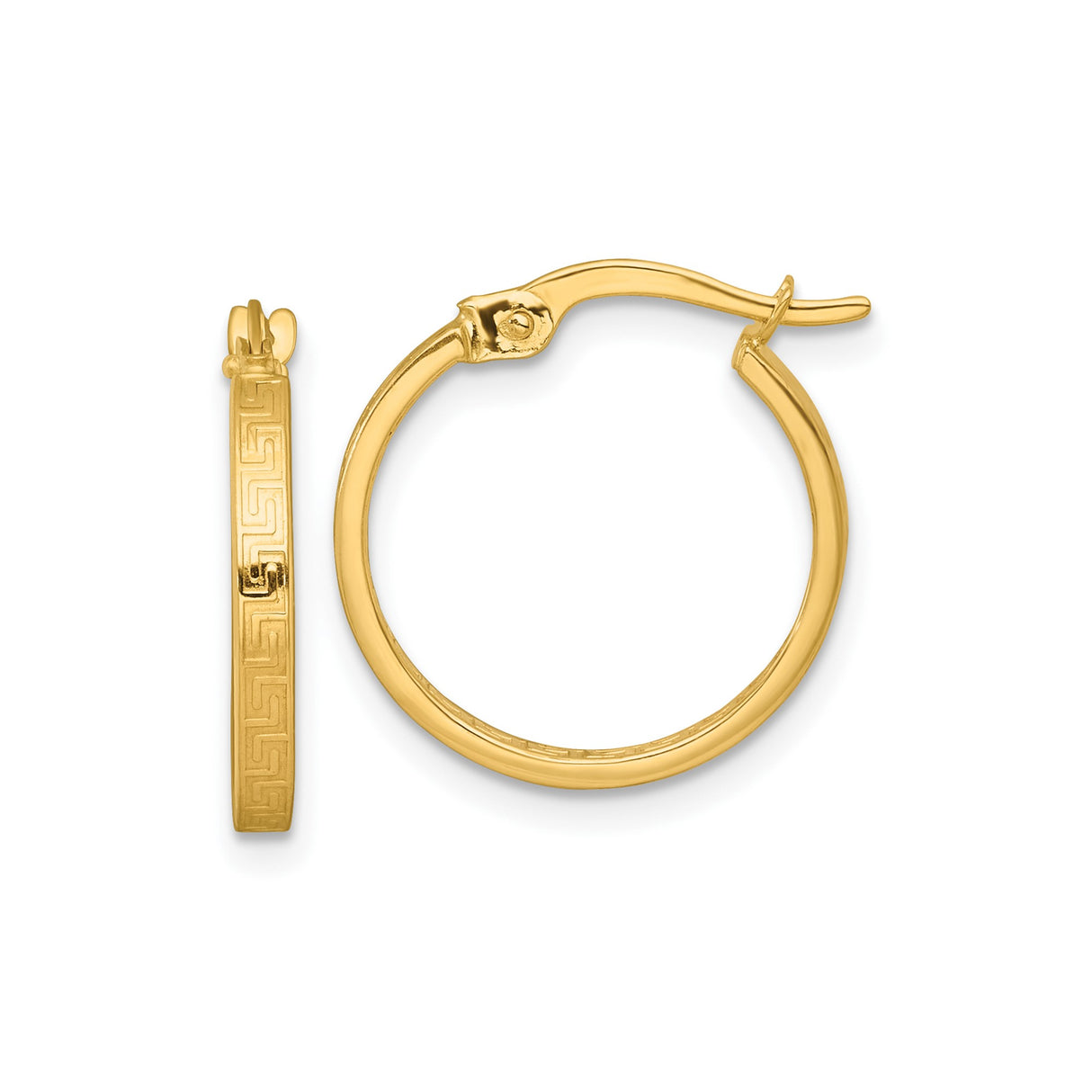 10k Yellow Gold Hoop Earrings, Greek Key Square Tube Design for Women
