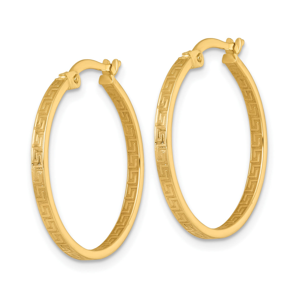 10k Yellow Gold Hoop Earrings with Greek Key Pattern, Lightweight Square Design for Women