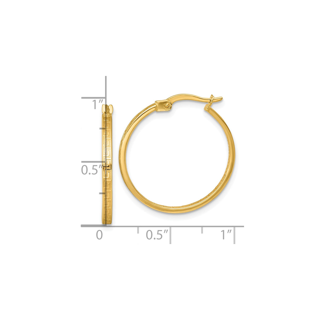 10k Yellow Gold Hoop Earrings with Greek Key Pattern, Lightweight Square Design for Women