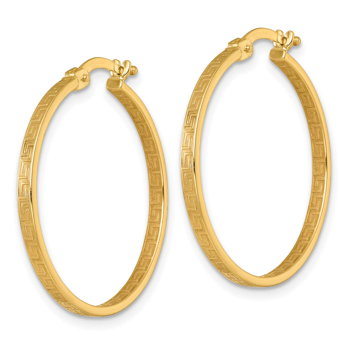 10k Yellow Gold Hoop Earrings with Greek Key Design, Classic Round Style, Latch Back Closure