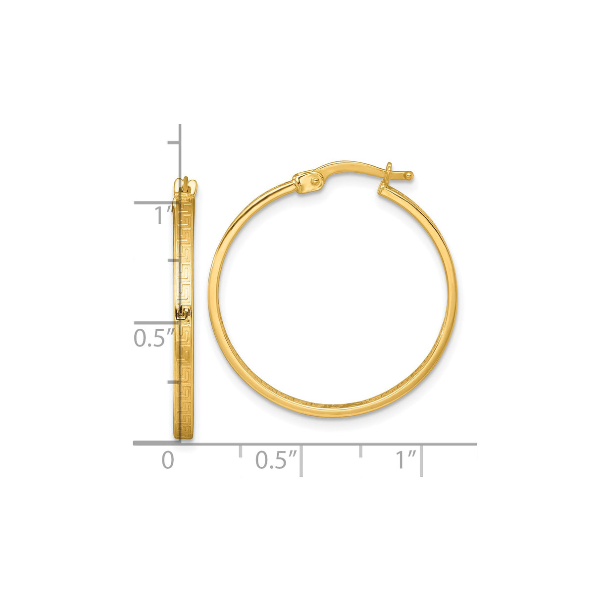 10k Yellow Gold Hoop Earrings with Greek Key Design, Classic Round Style, Latch Back Closure