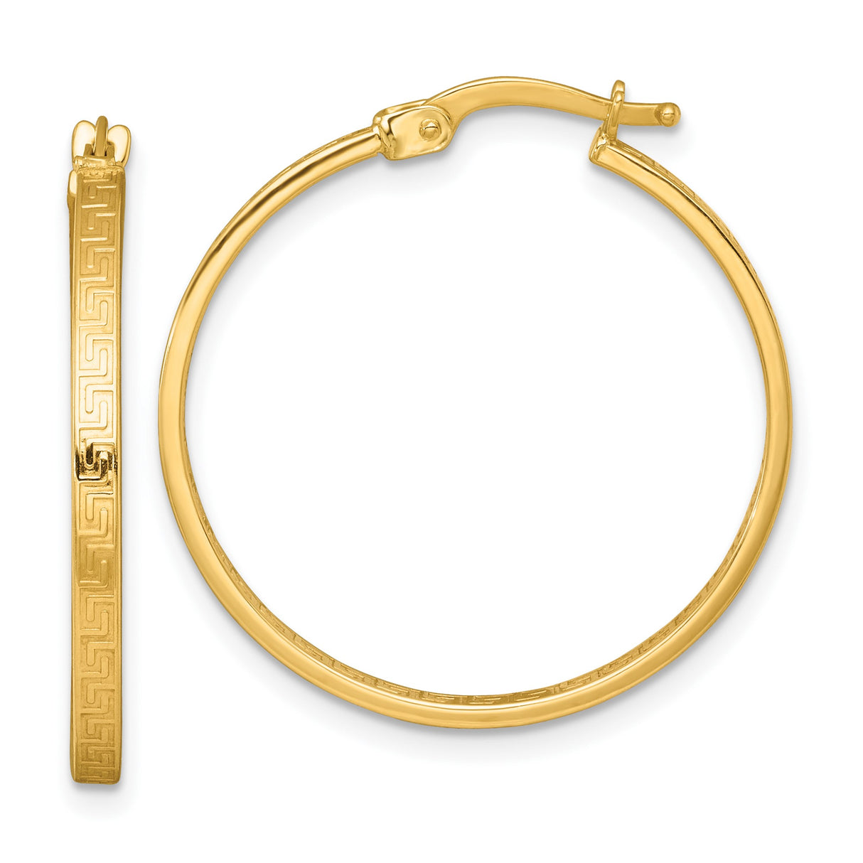 10k Yellow Gold Hoop Earrings with Greek Key Design, Classic Round Style, Latch Back Closure