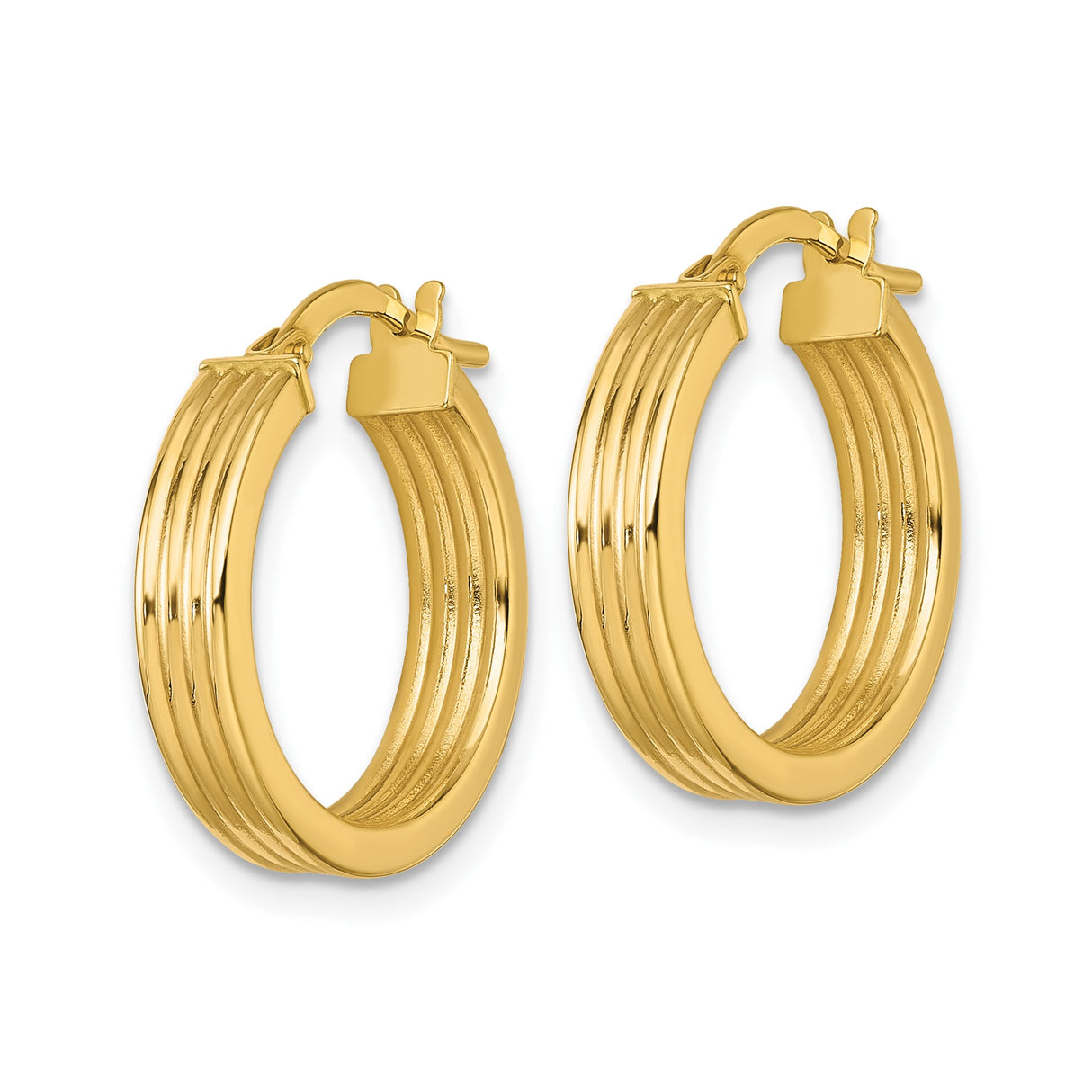 10k Yellow Gold Hoop Earrings with Polished Finish and Ribbed Front Detail