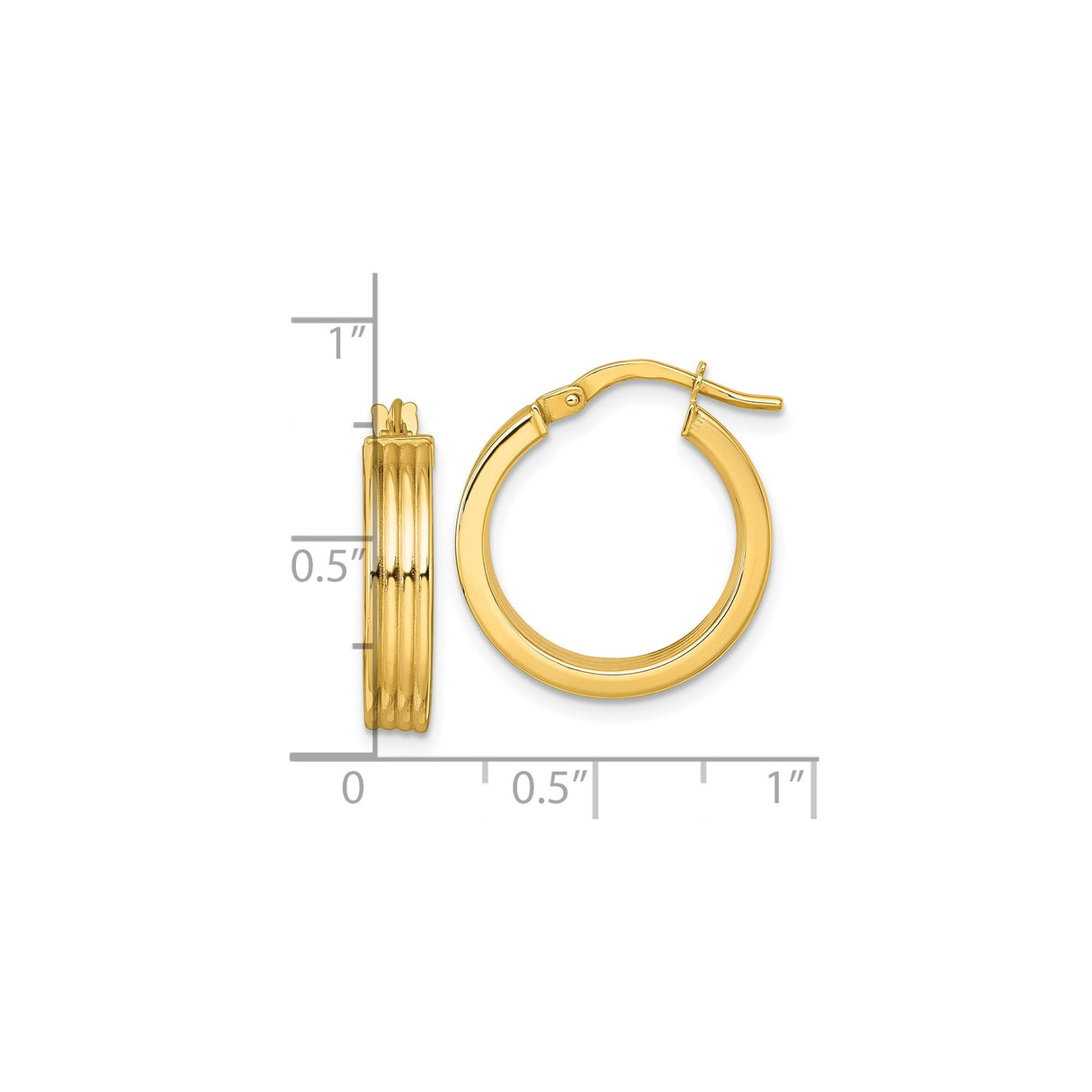 10k Yellow Gold Hoop Earrings with Polished Finish and Ribbed Front Detail