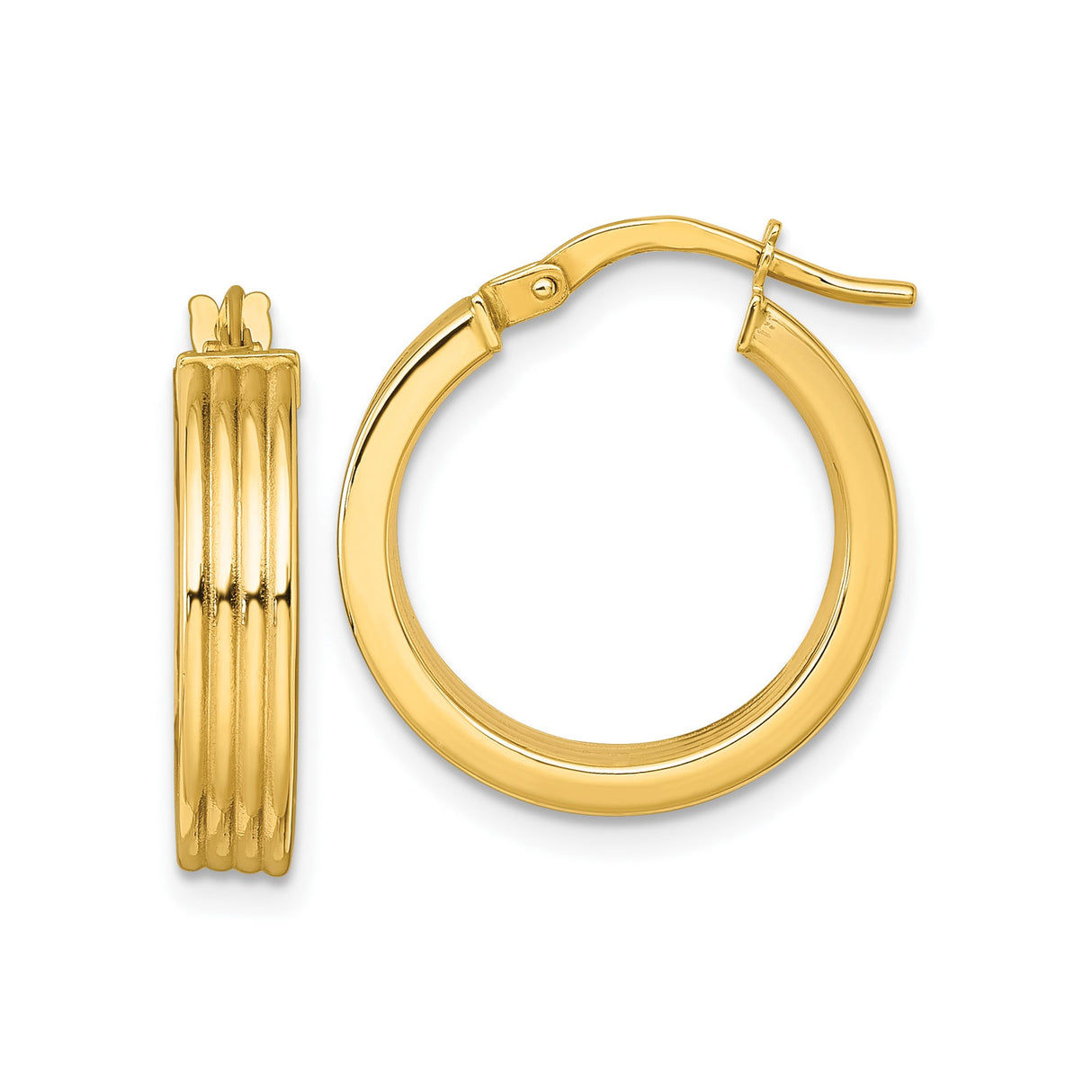 10k Yellow Gold Hoop Earrings with Polished Finish and Ribbed Front Detail