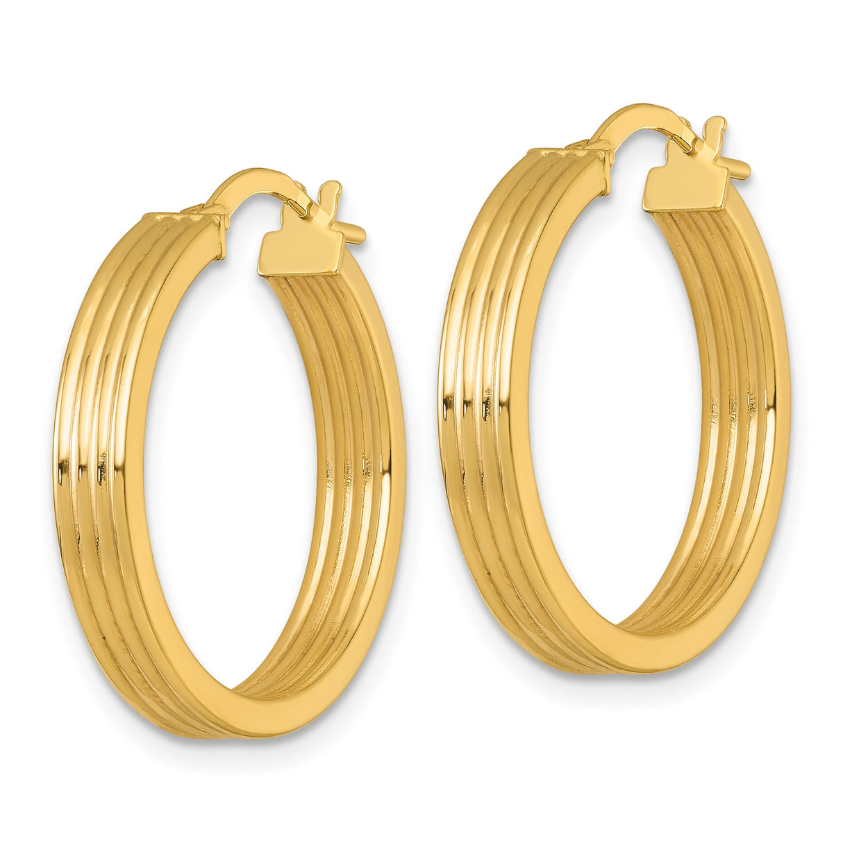 10k Yellow Gold Hoop Earrings, Triple Ribbed Medium Hoops with High Polish Finish for Women