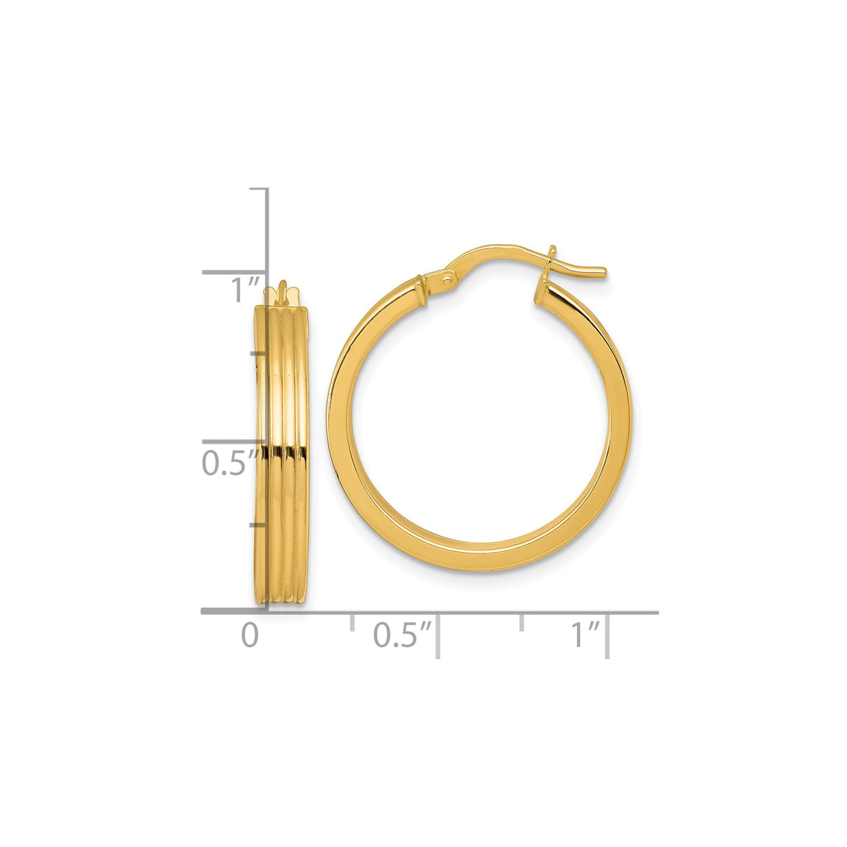 10k Yellow Gold Hoop Earrings, Triple Ribbed Medium Hoops with High Polish Finish for Women