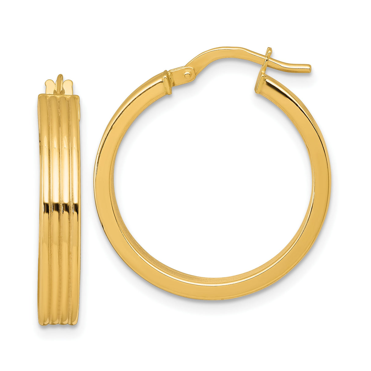 10k Yellow Gold Hoop Earrings, Triple Ribbed Medium Hoops with High Polish Finish for Women