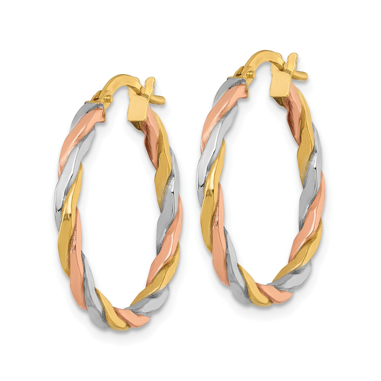 10k Yellow Gold Hoop Earrings with Rhodium and Rose Accents, Twisted Tri-Color Tube Design