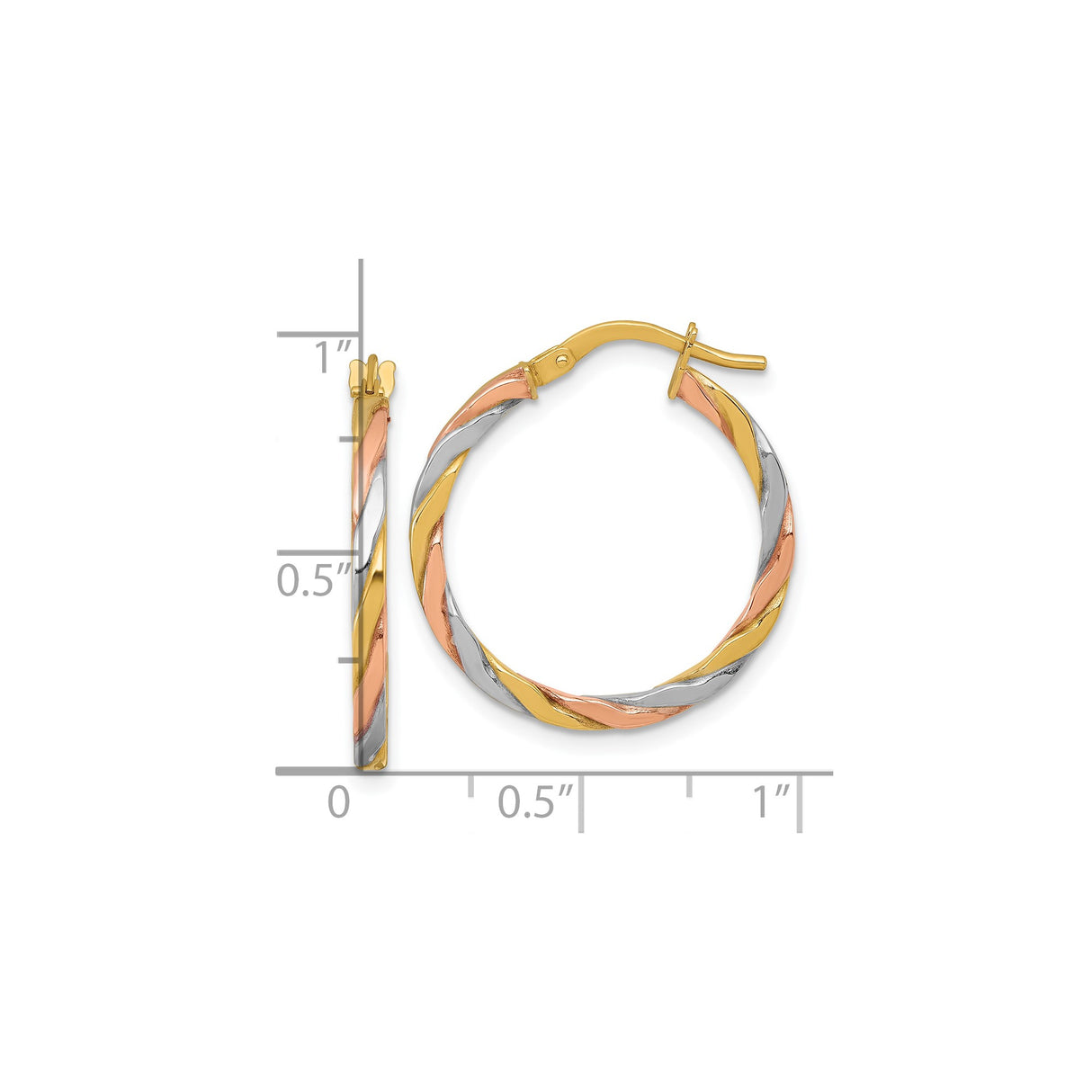 10k Yellow Gold Hoop Earrings with Rhodium and Rose Accents, Twisted Tri-Color Tube Design