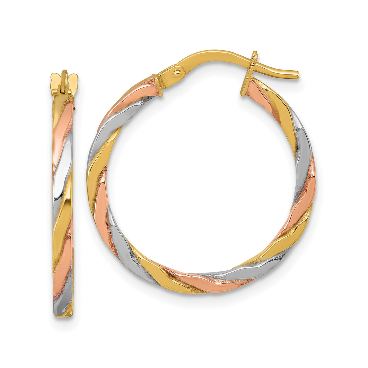 10k Yellow Gold Hoop Earrings with Rhodium and Rose Accents, Twisted Tri-Color Tube Design