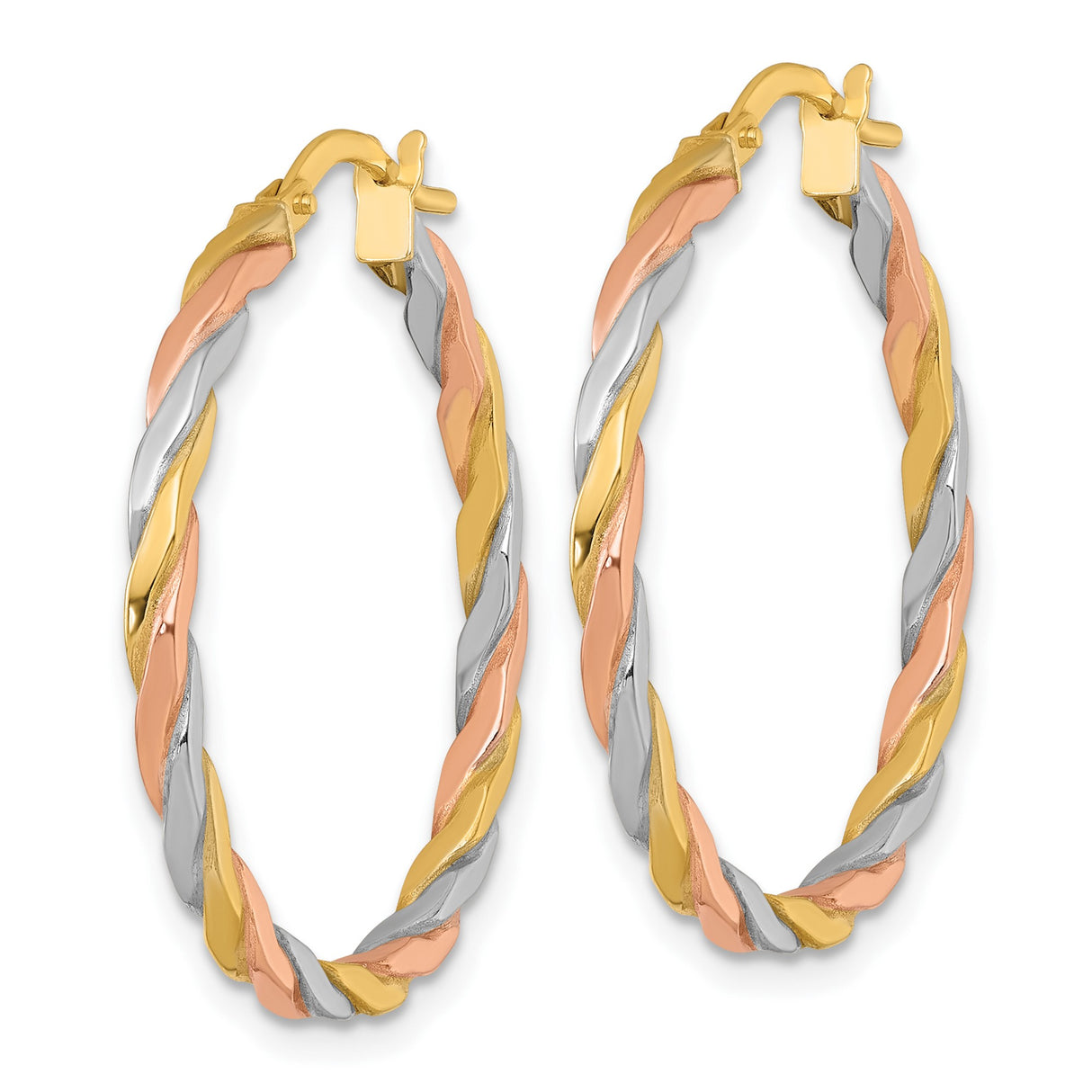 10k Tricolor Gold Hoop Earrings, Polished Twisted Tube Design for Women