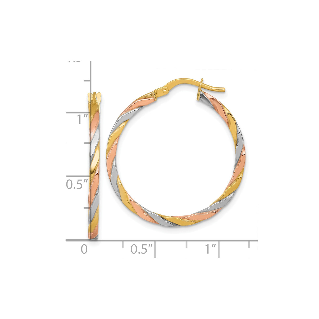 10k Tricolor Gold Hoop Earrings, Polished Twisted Tube Design for Women