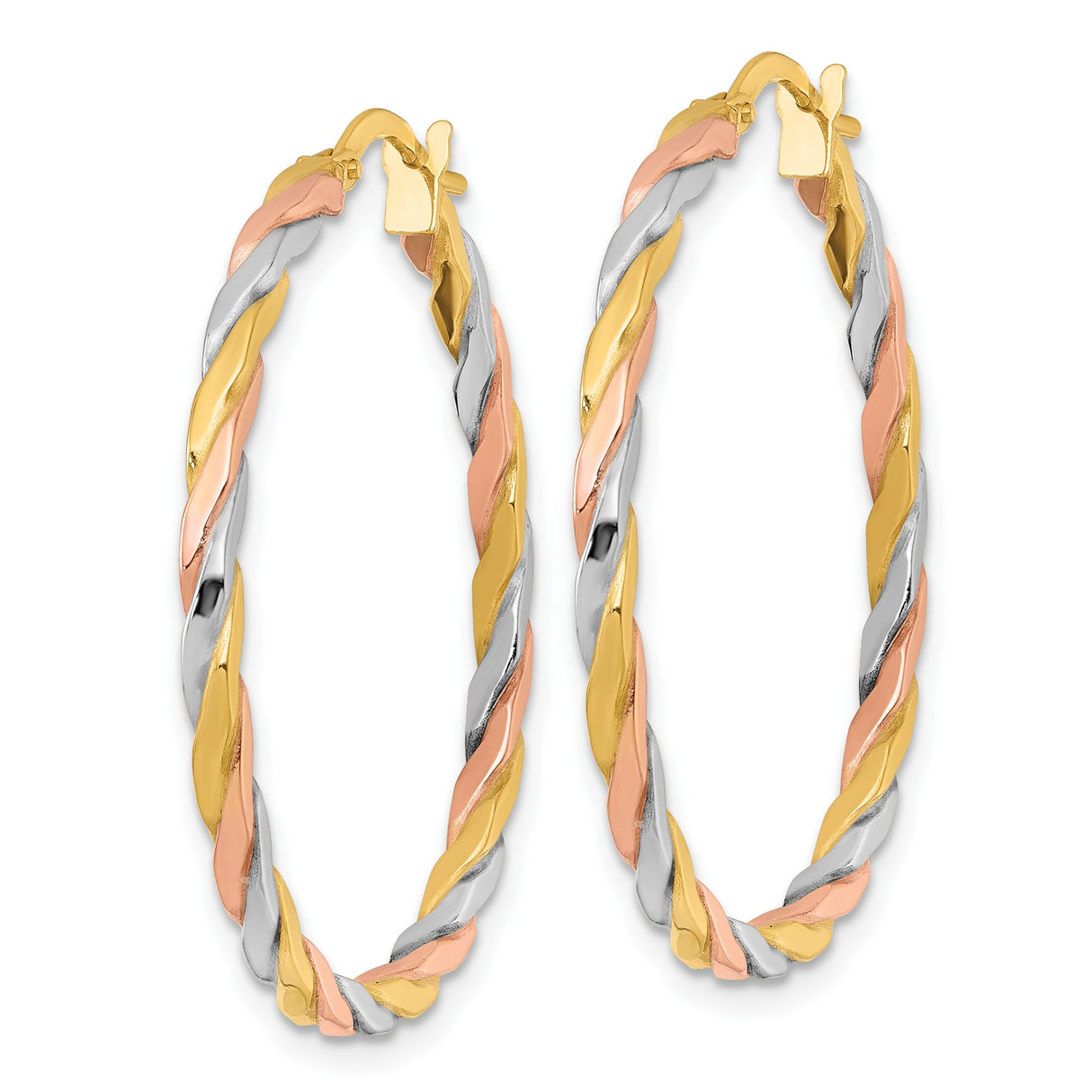10k Yellow Gold Hoop Earrings, Twisted Tricolor Design with Rhodium Finish